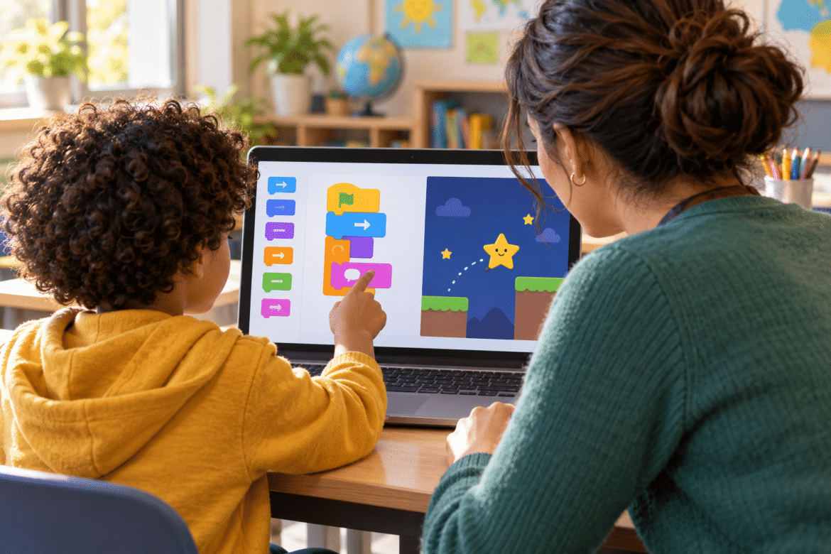 Illustration of a child and teacher creating a block-based game on a laptop