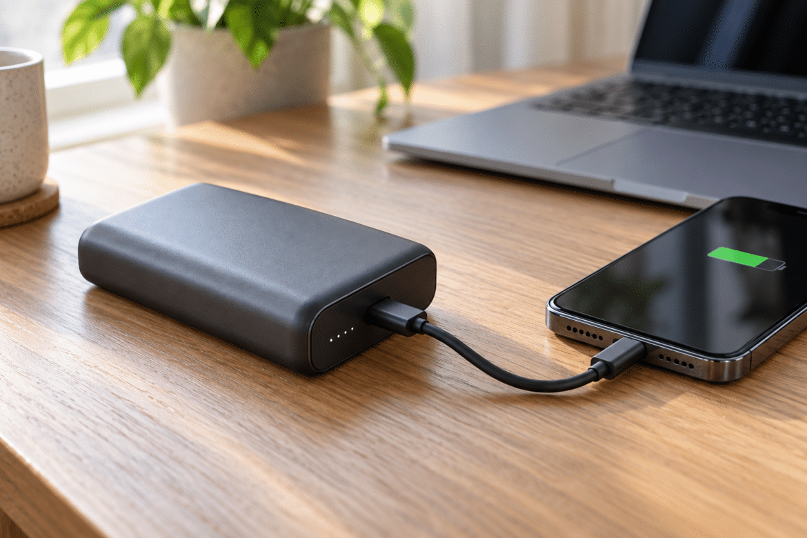 Portable power bank charging a smartphone through a USB-C cable