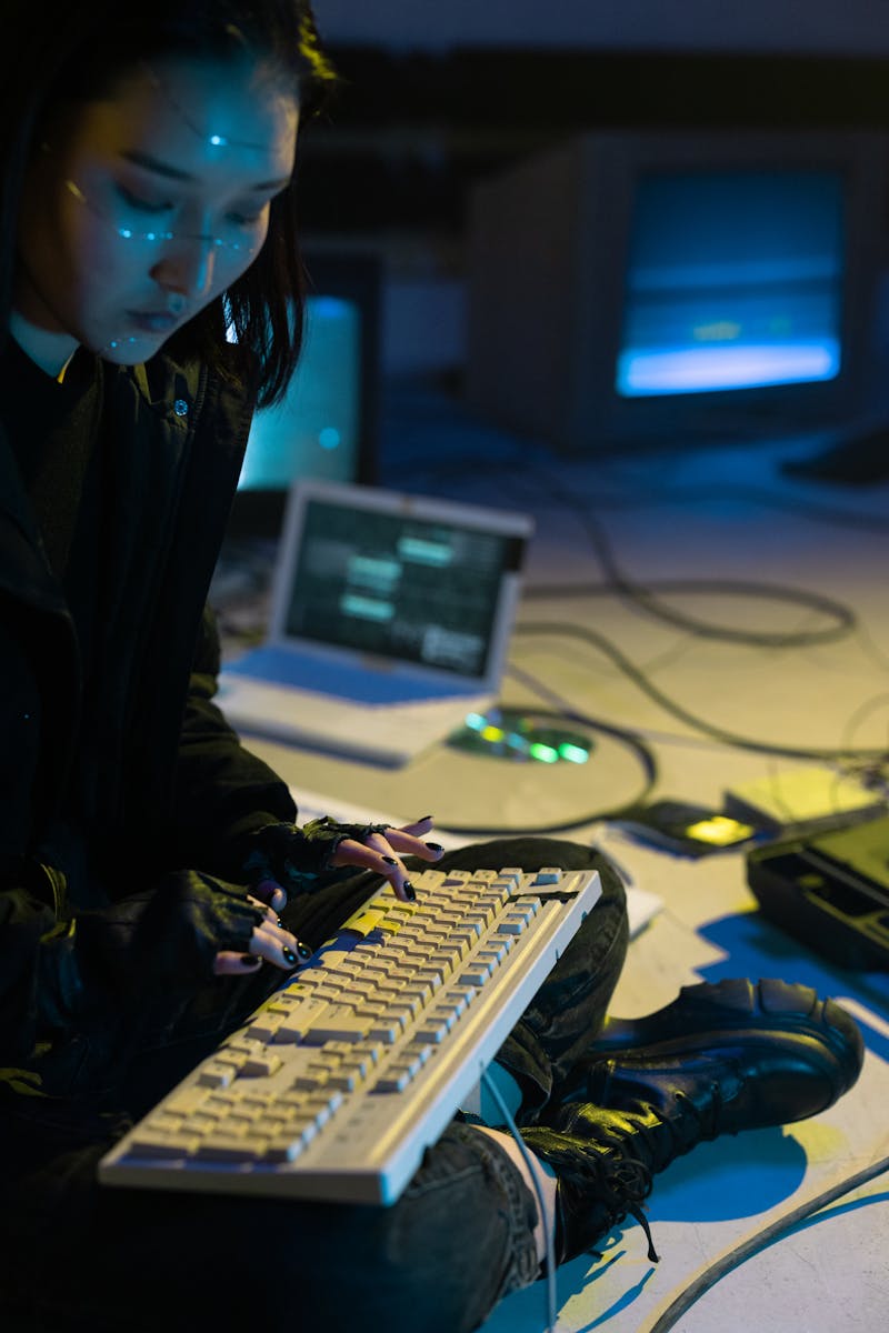 Person using a mixed reality spatial computing headset