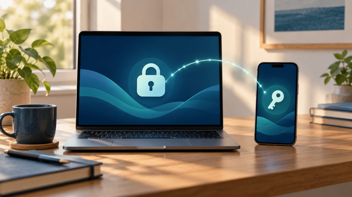 Laptop and phone illustrating a passkey sign-in across devices