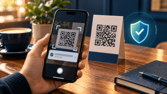Phone previewing a QR code link before opening it